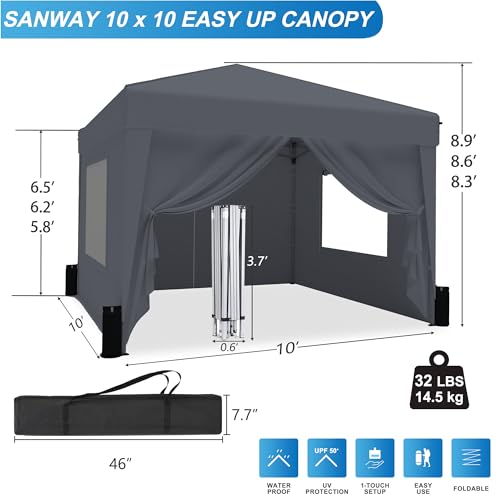 SANWAY 10x10 Pop Up Canopy Tent with Sidewalls x 4 &ndash; Easy Setup Canopy Tent, Waterproof, UV-Resistant