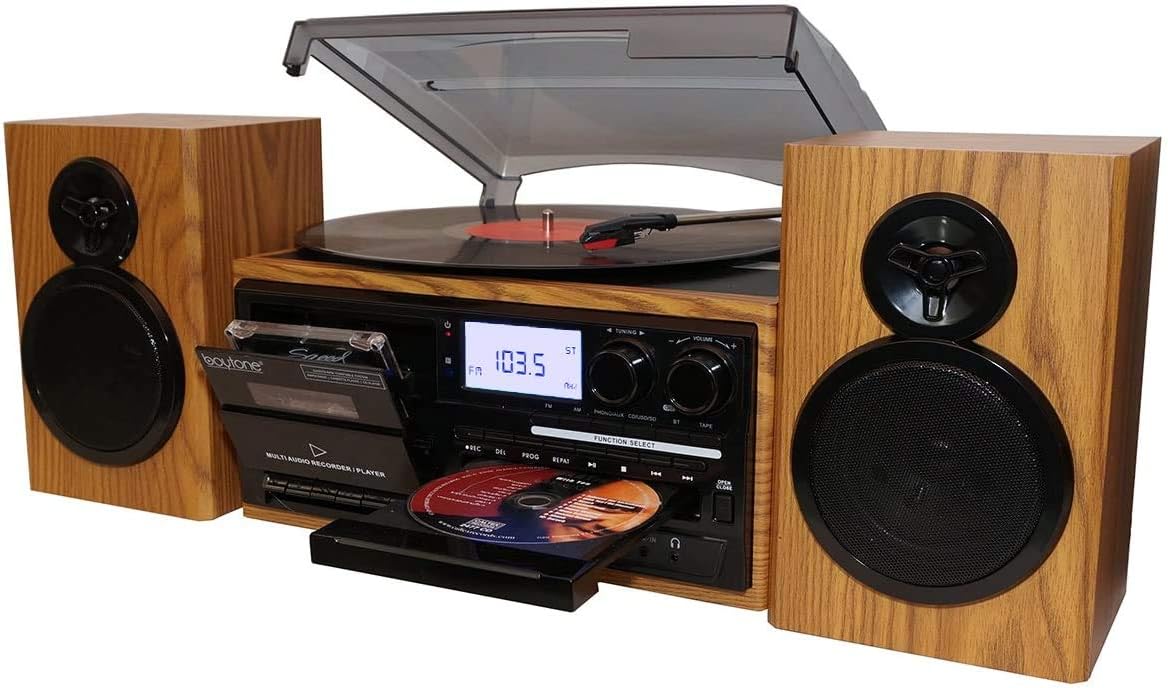 Boytone BT-28SPW, Bluetooth Classic Style Record Player Turntable with AM/FM Radio, CD/Cassette Player, 2 Separate Stereo Speakers, Record from Vinyl