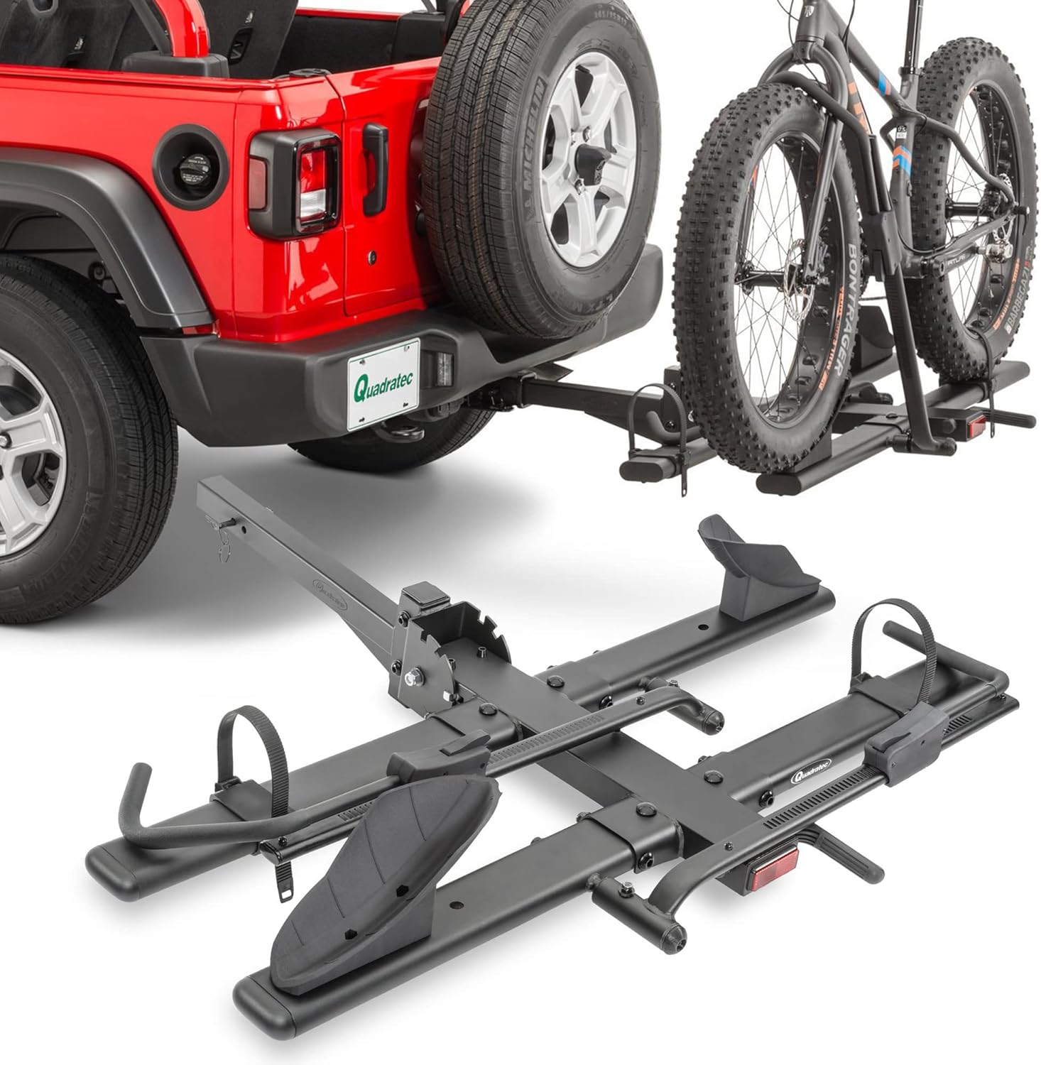 Quadratec Deluxe 2-Bike Hitch Mount Bike Rack for eBikes - Supports Heavy Electric Bikes & Fat Tires Up to 4" Wide - Swing Away & Folding Feature