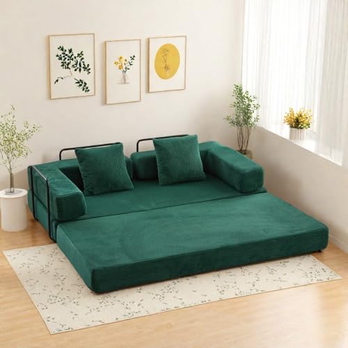 Compression Floor Sofa Bed, Convertible Foldable Sofa with Support Backrest and Armrest, Corduroy Fabric Modular Sectional Couch with 2 Pillows