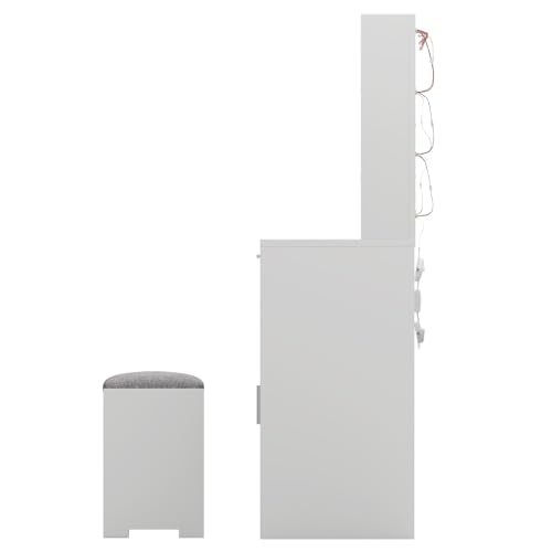Vanity Desk with Mirror and Lights, Makeup Vanity with Drawer & Storage Shelves, Cabinet, 3 Lighting Modes Adjustable Brightness