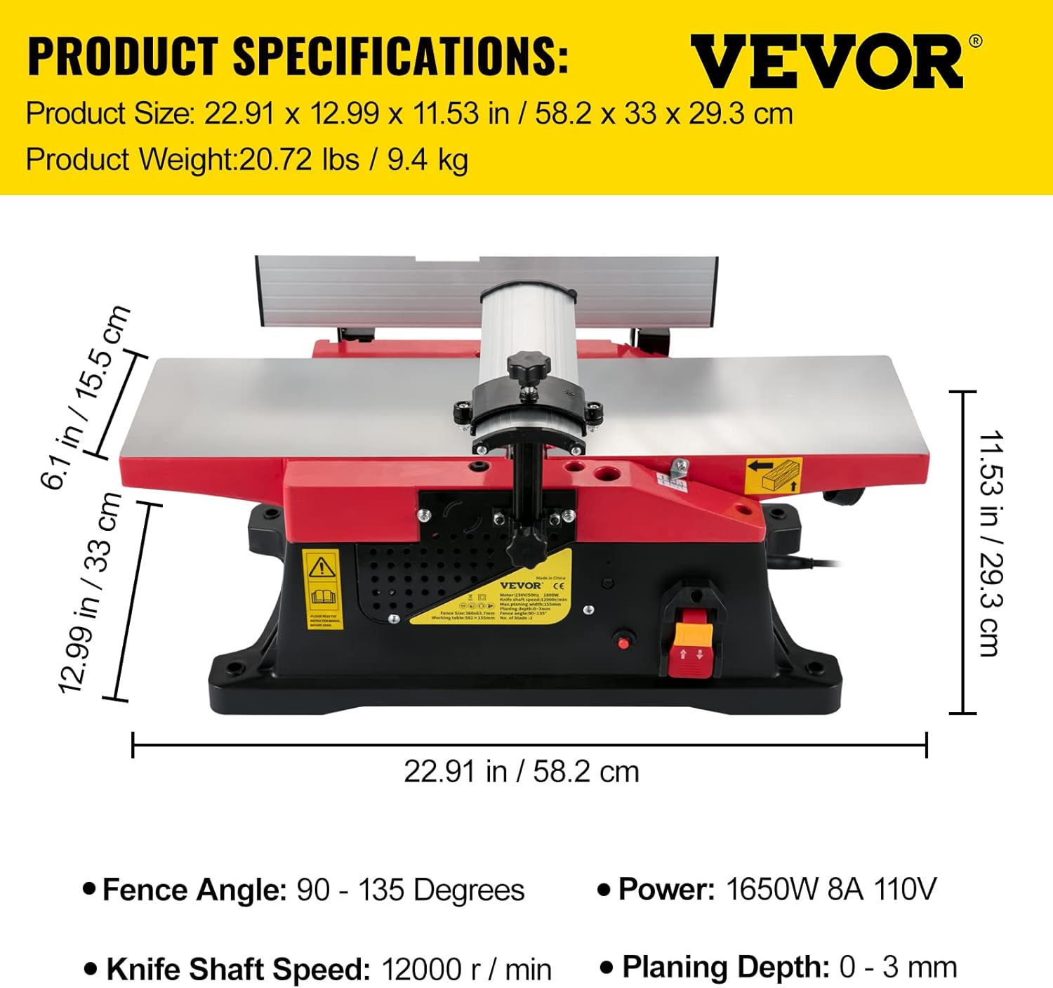 VEVOR Benchtop Jointer, 6in 1650W Electric Wood Planner, 12000rpm 8amp Copper Motor, Precise Cutterhead with 2 Push Blocks Fence Depth Scale