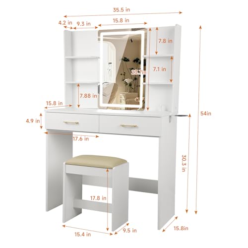 Vanity Set with Mirror and Stool and Lights, Vanity Desk with Mirror & Power Outlet,Vanity Desk with Drawers