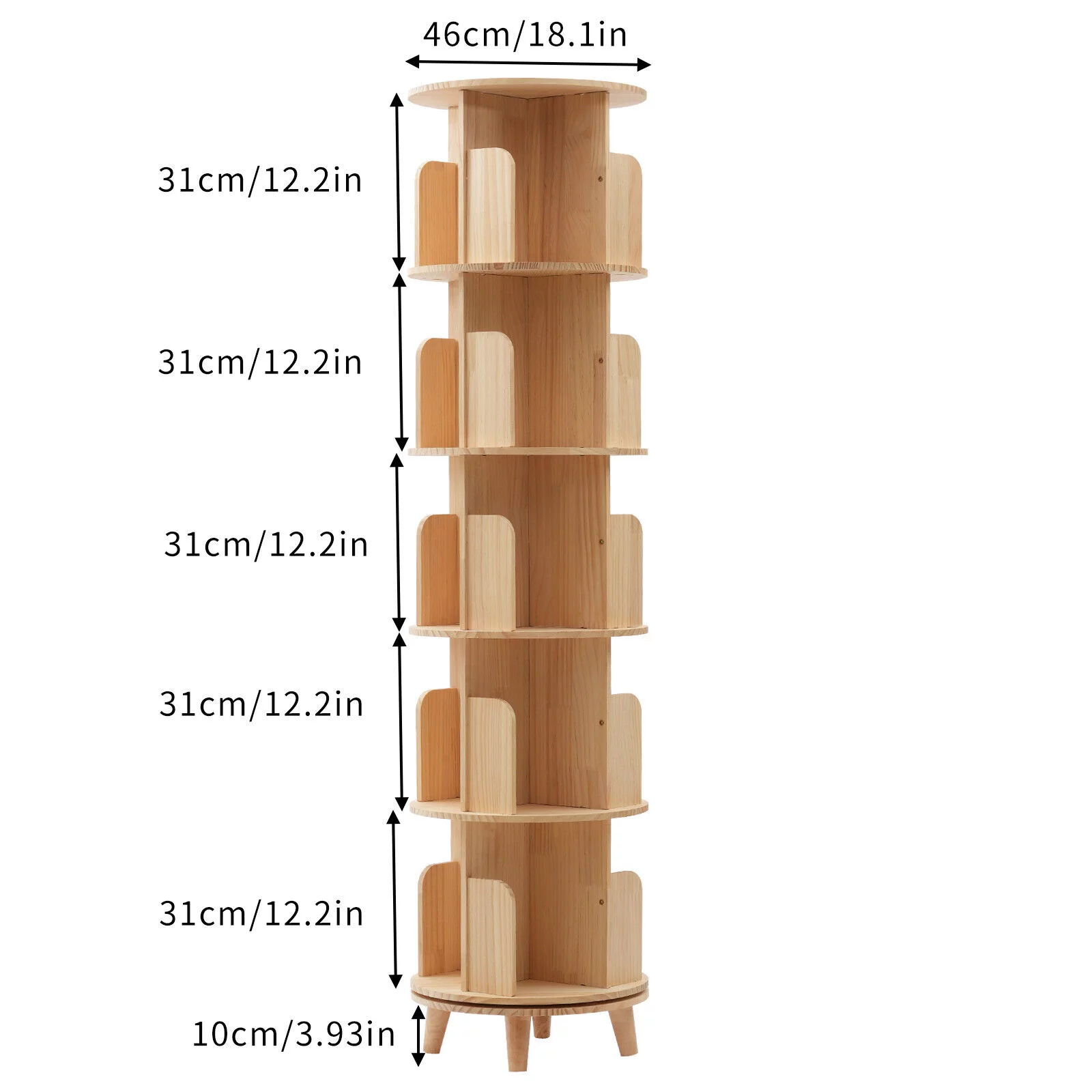 Miumaeov Upgraded 5 Tier Tall Rotating Bookshelf with Legs Large Stackable Bookshelf Wooden Storage Bookcases Book Display Rack Shelves for Study