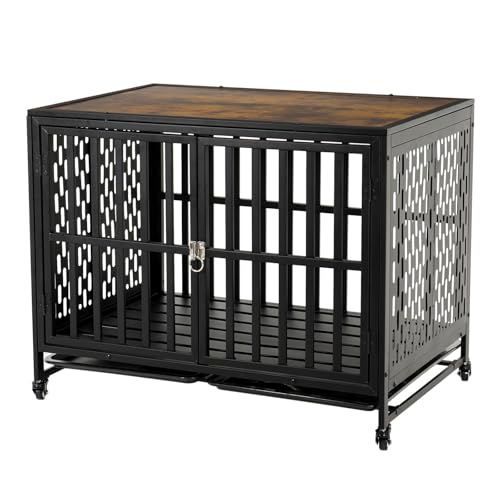 LUCKUP Heavy Duty Dog Crate Furniture for Medium and Large Dogs, Dog Kennel Indoor Dog Cage end Table, Wooden Metal Pet House with Trays