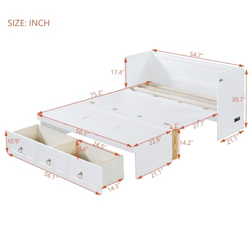 Harper & Bright Designs Full Size Murphy Bed Wall Bed, Solid Pine Murphy Bed Chest Cube Cabinet Bed with USB