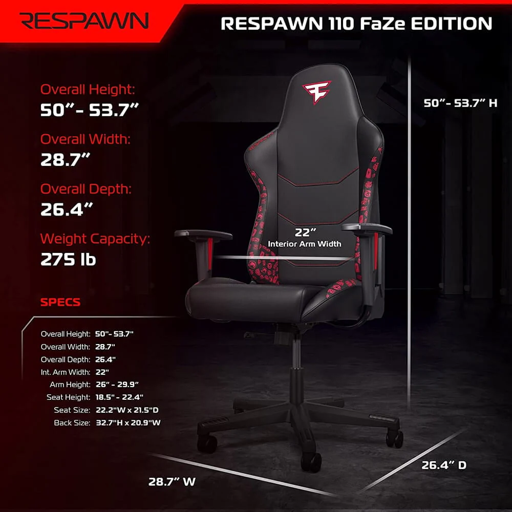 RESPAWN 110 Ergonomic PVC Gaming Chair-Racing Style High Back Office Chair -Integrated Headrest, Recline with Adjustable Tilt Tension & Angle Lock