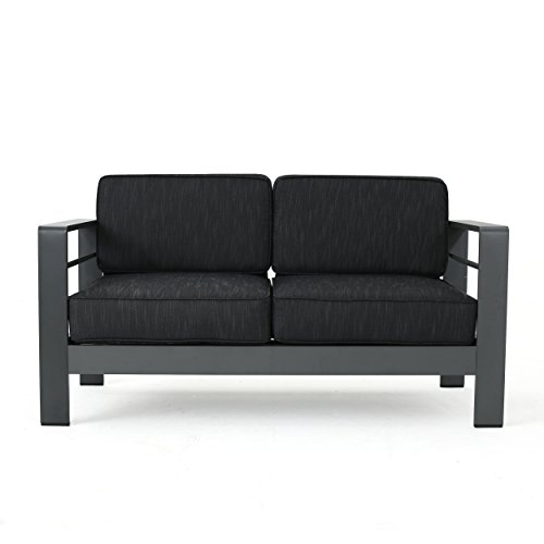 GDFStudio Coral Bay Outdoor Grey Aluminum 5 Piece Loveseat Chat Set with Fire Table (Dark Grey)