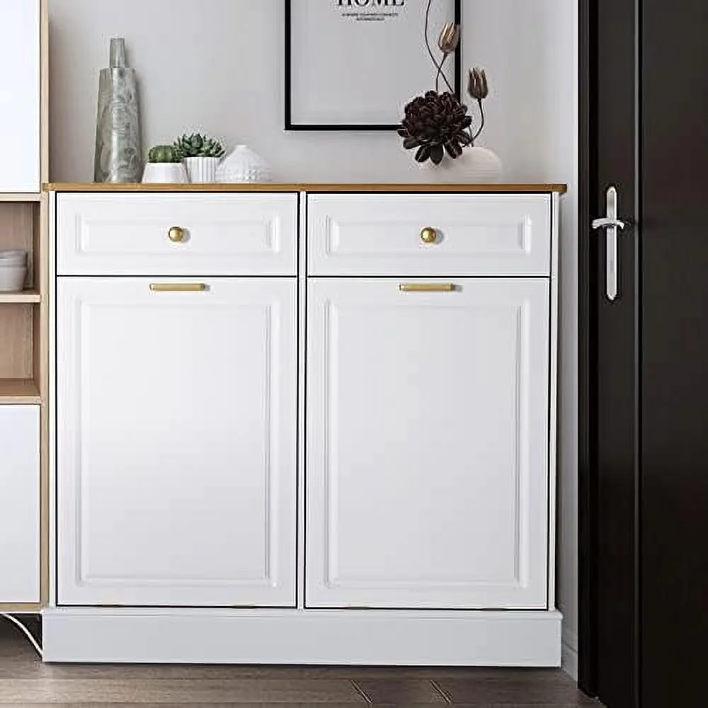 HOOMHIBIU Double Barn Door Style Trash Cabinet  Double Tilt Out Trash Cabinet with Solid Hideaway Drawer Rustic Kitchen Trash Cabinet Free Standing