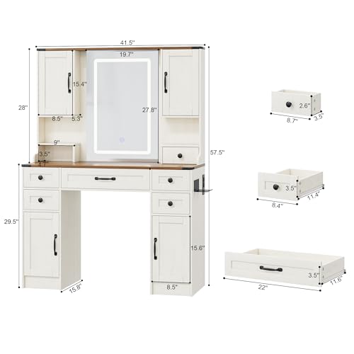 NUNU LAB 42 Inchs Large Vanity Desk with Mirror and Lights with 6 Drawers and 4 Cabinets, Big Women Makeup Table with Power Outlet