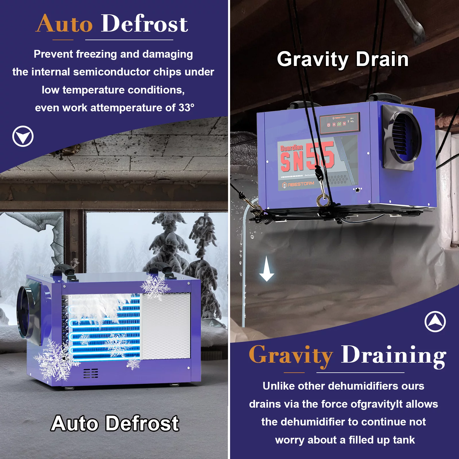 ABESTORM 113 Pint Crawl Space Dehumidifiers Commercial Dehumidifier with Hose, up to 1,200 Sq.ft