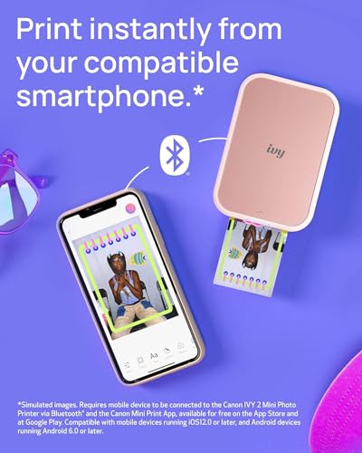 Canon Ivy 2 Mini Photo Printer (Blush Pink) - Bluetooth, Print from iOS & Android Devices, Bundle Incl. 110 Zink Sticky-Back Prints, LED Light Bar