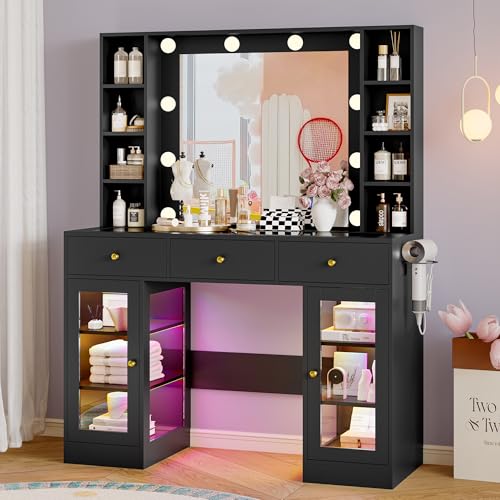 Makeup Vanity Desk with Mirror and Lights, White Vanity with Glass Top, LED Lights & Power Outlet, 3 Drawers & 2 RGB Glass Cabinets