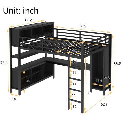 Metal Loft Bed with Wardrobe and L-Shaped Desk, Full Size Loft Bed with Storage Cubes and Shelves, Heavy Duty Loft Bed for Kids Teens, White