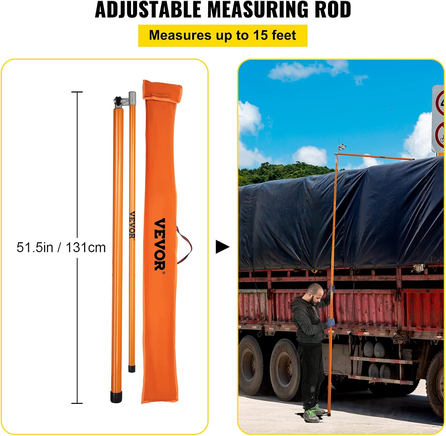 VEVOR Load Height Measuring Stick, 15' Sturdy Fiberglass Truck Height Stick with Adjustable Pole