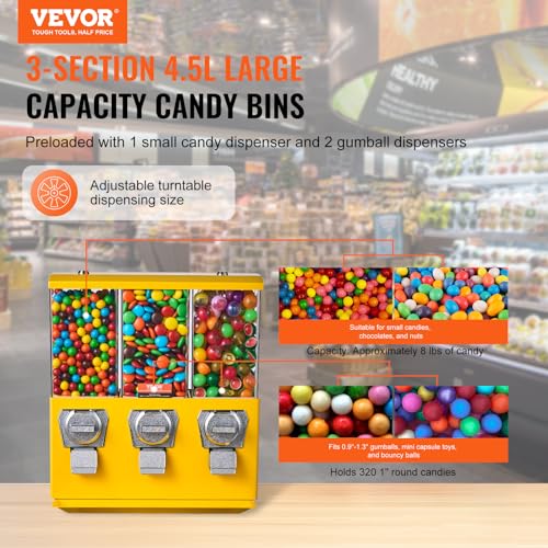 VEVOR Commercial Vending Machine, Triple Compartment Candy Dispenser with Iron Stand, Gumball and Candy Machine for Business