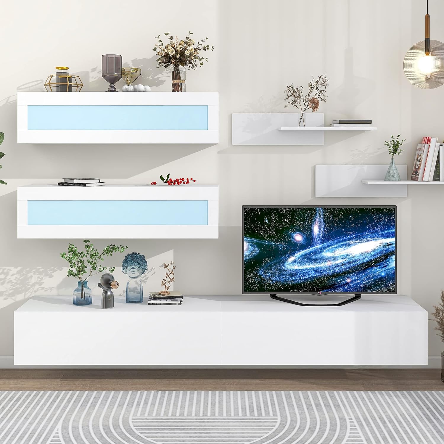 Wall Mount Floating Entertainment Center with 4 Storage Cabinets and 2 Shelves, Modern High Gloss TV Stand for Televisions up to 95+ Inch