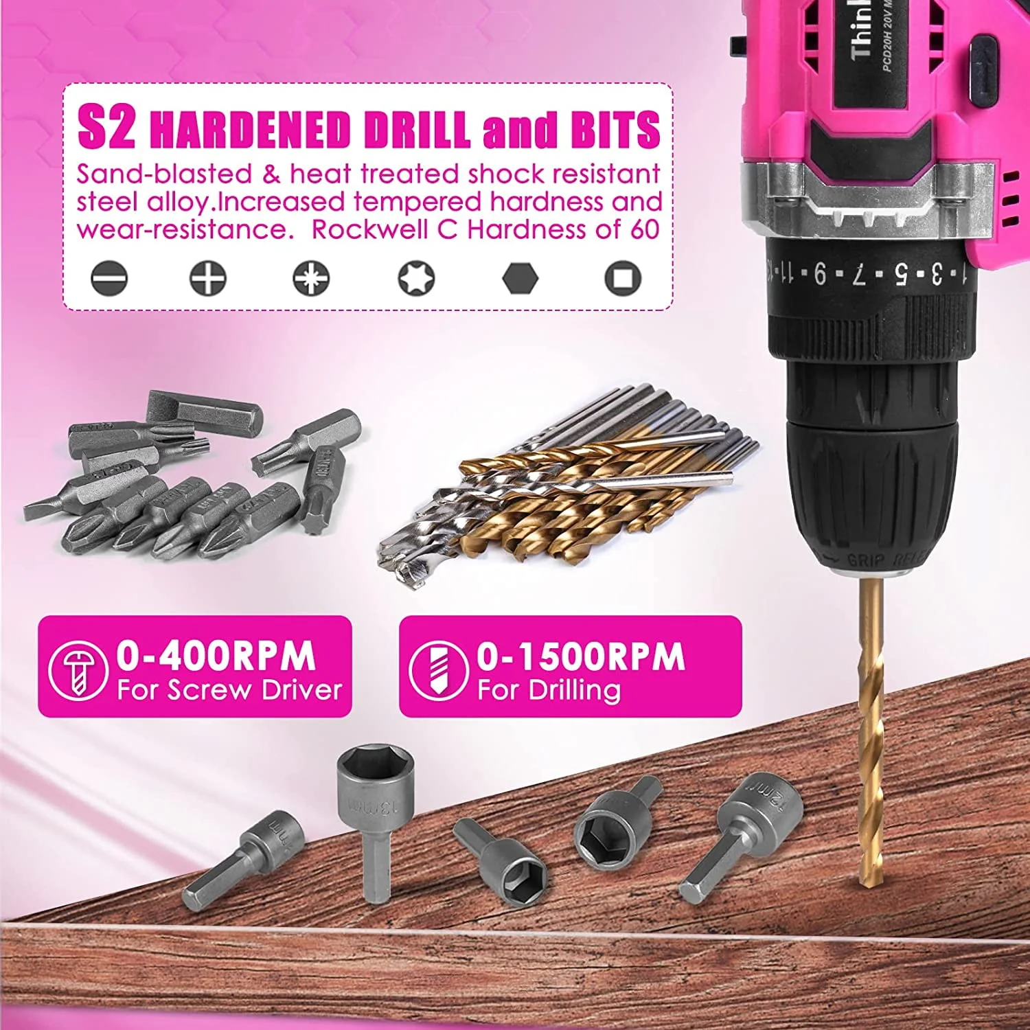 ThinkLearn Pink Tool Kit with 20V Cordless Drill(265in-lbs), Pink Drill Set for Women,Lady's Home Tool Kit for DIY
