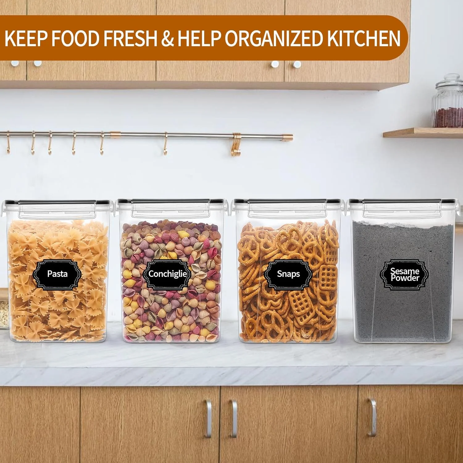 4 Pack Large Airtight Food Storage Containers with Lids (5.2L/176oz), Plastic Kitchen and Pantry Organizer Containers for Storing Cereals