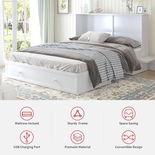 PUREMIND Queen Murphy Bed Cabinet with Mattress Included, Murphy Chest Bed with Storage, Murphys Cube Cabinet Beds with USB Charging Station