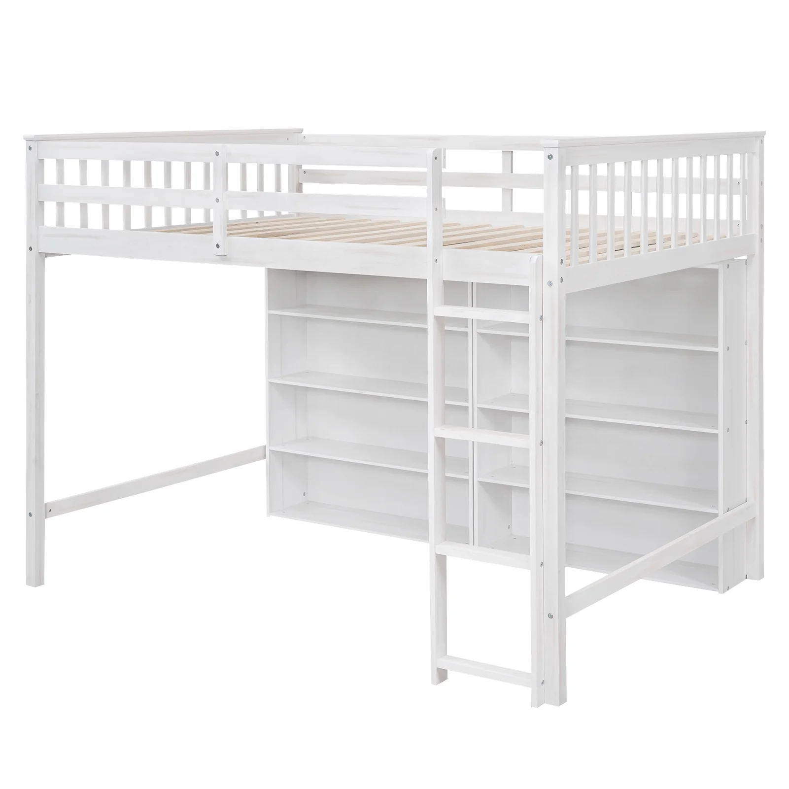 Churanty Wood Full Size Loft Bed with 8 Open Storage Shelves, Full Loft Bed Frame with Built-in Bookcase for Dorm Kids Teens, White