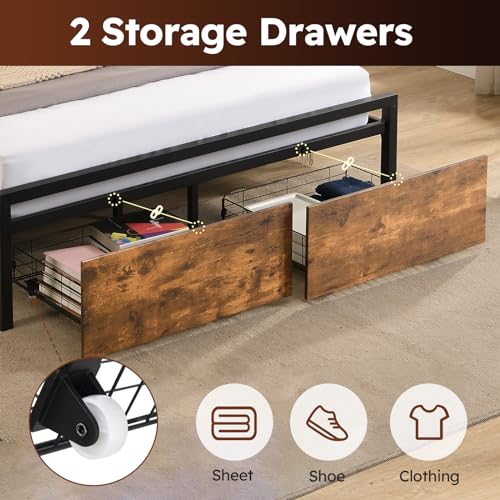 Queen Size Bed Frame with 4 Storage Drawers, LED Platform Bed with Headboard, Built in Charging Station, Noise Free, Stable and Solid