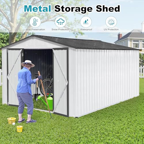 8x6 FT Outdoor Storage Shed, Metal Tool Shed with Lockable Doors, Peaked Roof & Frame Floor