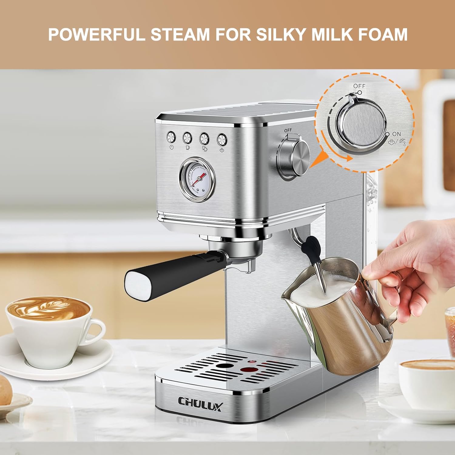 CHULUX Kom-Pro Espresso Machine 20 Bar, Semi Automatic Stainless Steel Coffee Machine for Home Latte Cappuccino Espresso Maker
