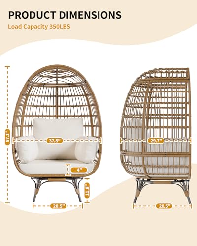 Oversize 360°Swivel Egg Chair Patio Rotating Rattan Egg Basket Lounge Chair, Wicker Egg-Shaped Chair w/Steel Frame Stand and 4 Cushions for Patio