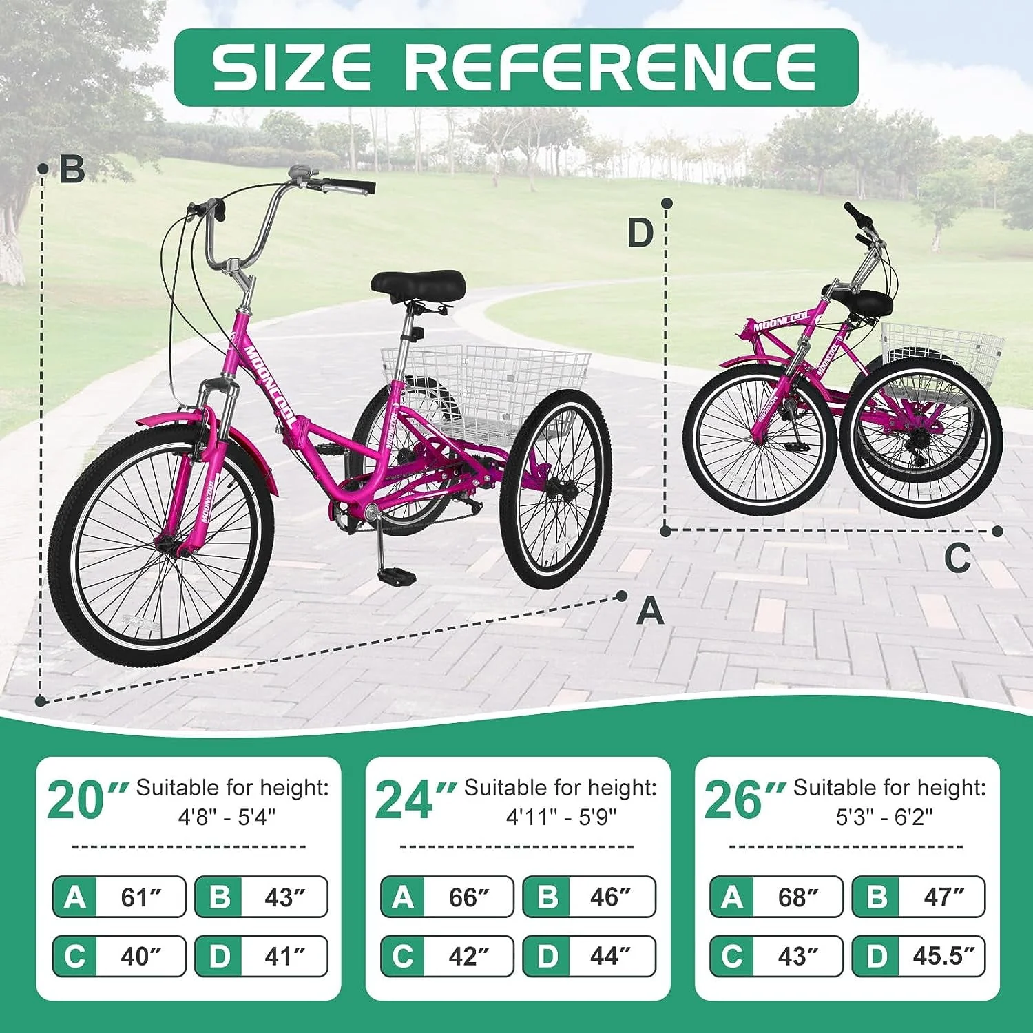 MOONCOOL Adult Folding Tricycle for Adults, 7 Speed 20/24/26 inch 3 Wheels Bikes with Basket, Foldable Tricycle for Adults, Women, Men, Seniors