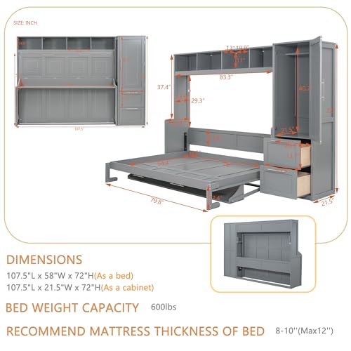 Linique Full Size Murphy Cabinet Storage Wall Bed with Closet and Drawers and Built-in Top Shelf,Hide a Bed on a Wardrobe Space Saving Design,Gray