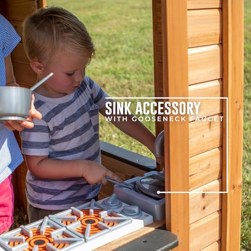 Backyard Discovery Sweetwater Cedar Wooden Kids Playhouse Cottage with Play Kitchen, Snack Bar, Half Door, Toy Phone, Windows, Flowerpot Holders