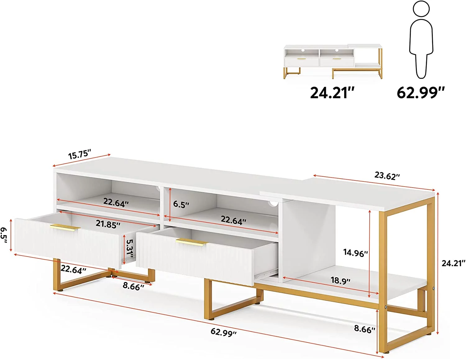 63" Wide TV Stand for TVs up to 65 55 inches, White and Gold Television Stands Entertainment Centers with 2 Drawers and Open Shelves