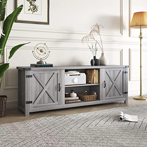 YESHOMY Modern Farmhouse TV Stand with Two Barn Doors and Storage Cabinets for Televisions up to 65+ Inch, Entertainment Center Console Table