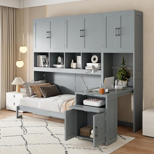 Twin Murphy Bed with Storage Cabinet, Bookcase, Storage Drawers and Desk, Wooden Wall Bed Frame Folding Bed Frame for Guestroom, Office, Apartment