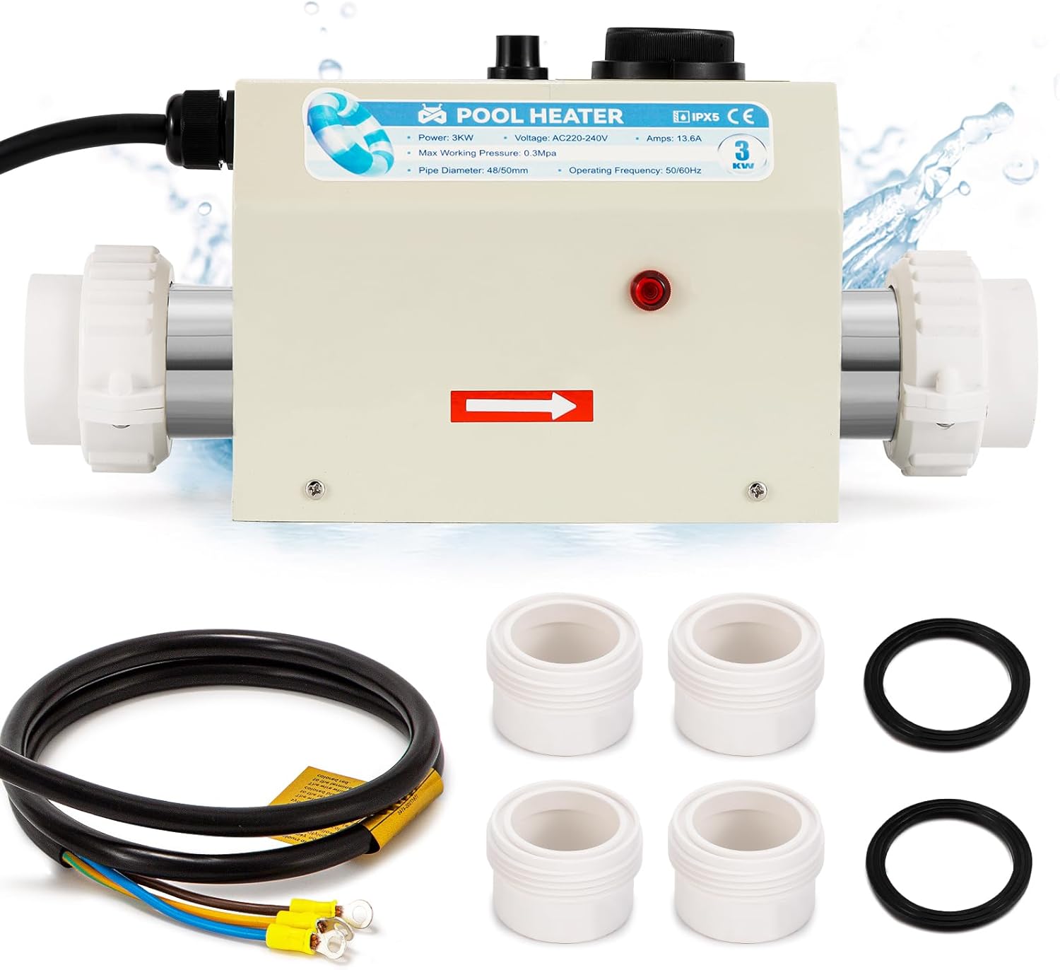 Mxmoonant 3KW 220V Pool Heater, Electric Swimmming Pool Water Heaters Hot Tub Thermostat with Adjustable Temperatute Control for Pool, Spa