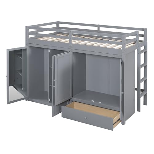 Harper & Bright Designs Twin Size Loft Bed with L-Shaped Desk and Stairs, Solid Wood Loft Bed Frame with Storage Drawers and Bookcase