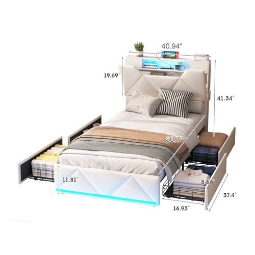 Vabches Queen Bed Frame with Storage Headboard and 4 Drawers,Upholstered Platform with Charging Station and Led Lights,Adjustable Headboard