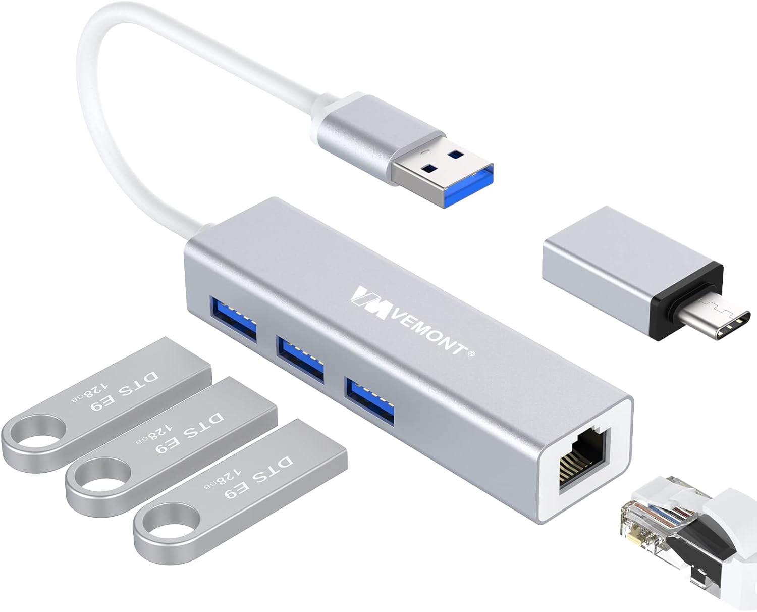 USB Hub 3.0 with Gigabit Ethernet Adapter,VEMONT Aluminum USB 3.0 to 1000M LAN Port & 3 USB 3.0 Ports