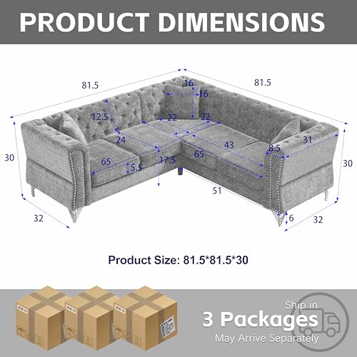 81.5”Chesterfield Sectional Sofa, Chenille Corner Sofa, L-Shaped Sectional Couch, 5-Seater Corner Sofas with 3 Cushions for Living Room, Bedroom