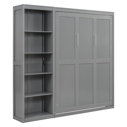 MERITLINE Full Murphy Bed with Storage Bookcase Shelves,Wood Folding Grey Murphy Wall Bed Cabinet