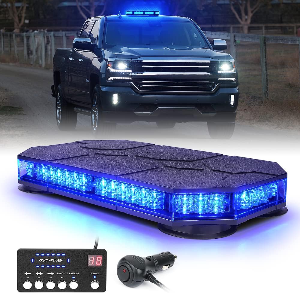 Xprite Blue LED Rooftop Strobe Beacon Lights Bar, Magnetic Mount Emergency Traffic Security Warning Caution Flashing Police Light