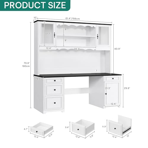 YITAHOME Executive Desk with Hutch and Drawers, Farmhouse Wood Computer Desk with Power Outlet & LED Lights, Home Office Desks with Storage Shelves