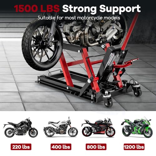 Goplus Motorcycle Lift, 1500 LBS Hydraulic ATV Scissor Jack with Footplates & Long Handle, 2 Ratchet Belts, 4 Wheels, 4.7”-15” Lifting Range