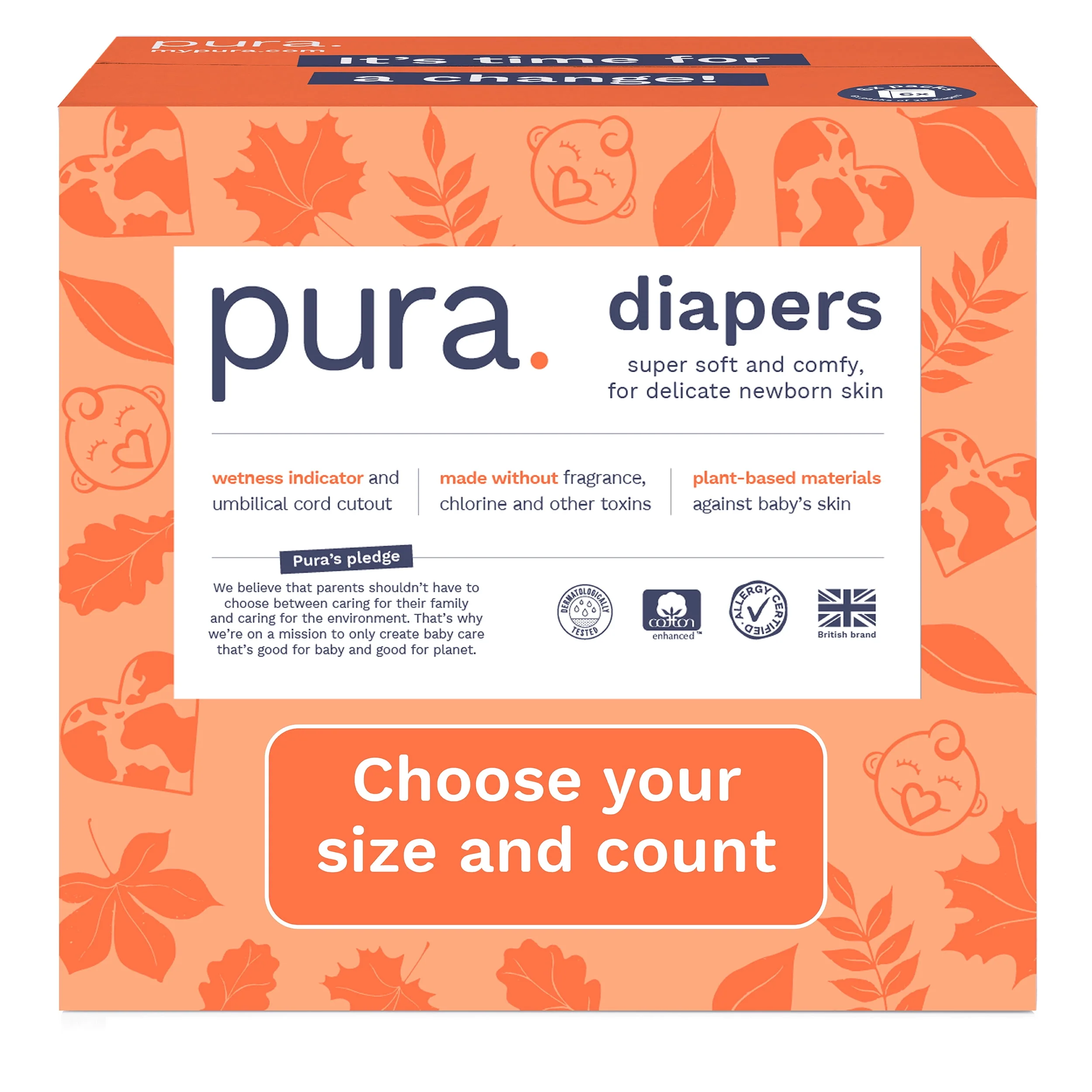 Pura Sensitive Soft Sustainable Baby Diapers Size 1, 96 Count (Choose Your Size and Count)