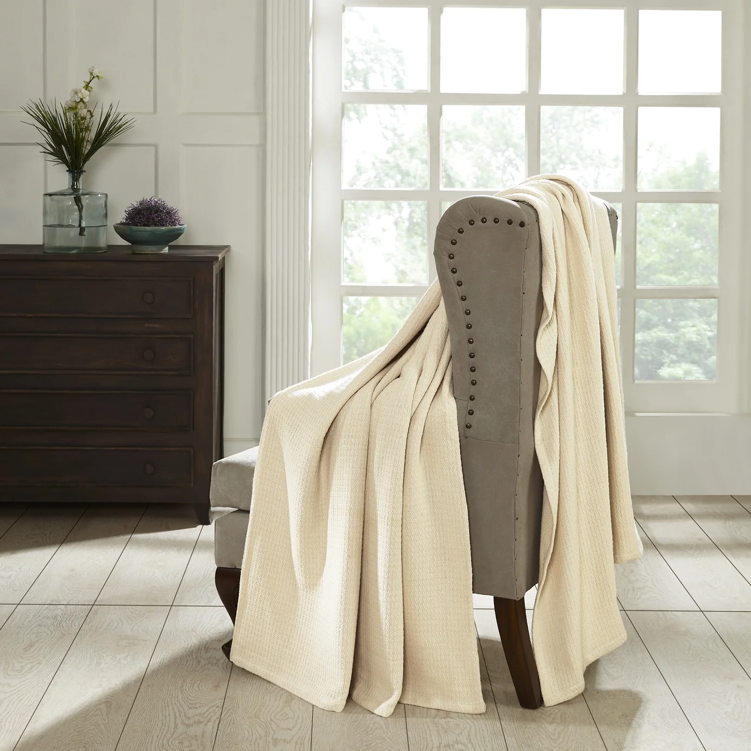 Superior Waffle Weave Knit Cotton Blanket, Twin/ Twin XL, Ivory