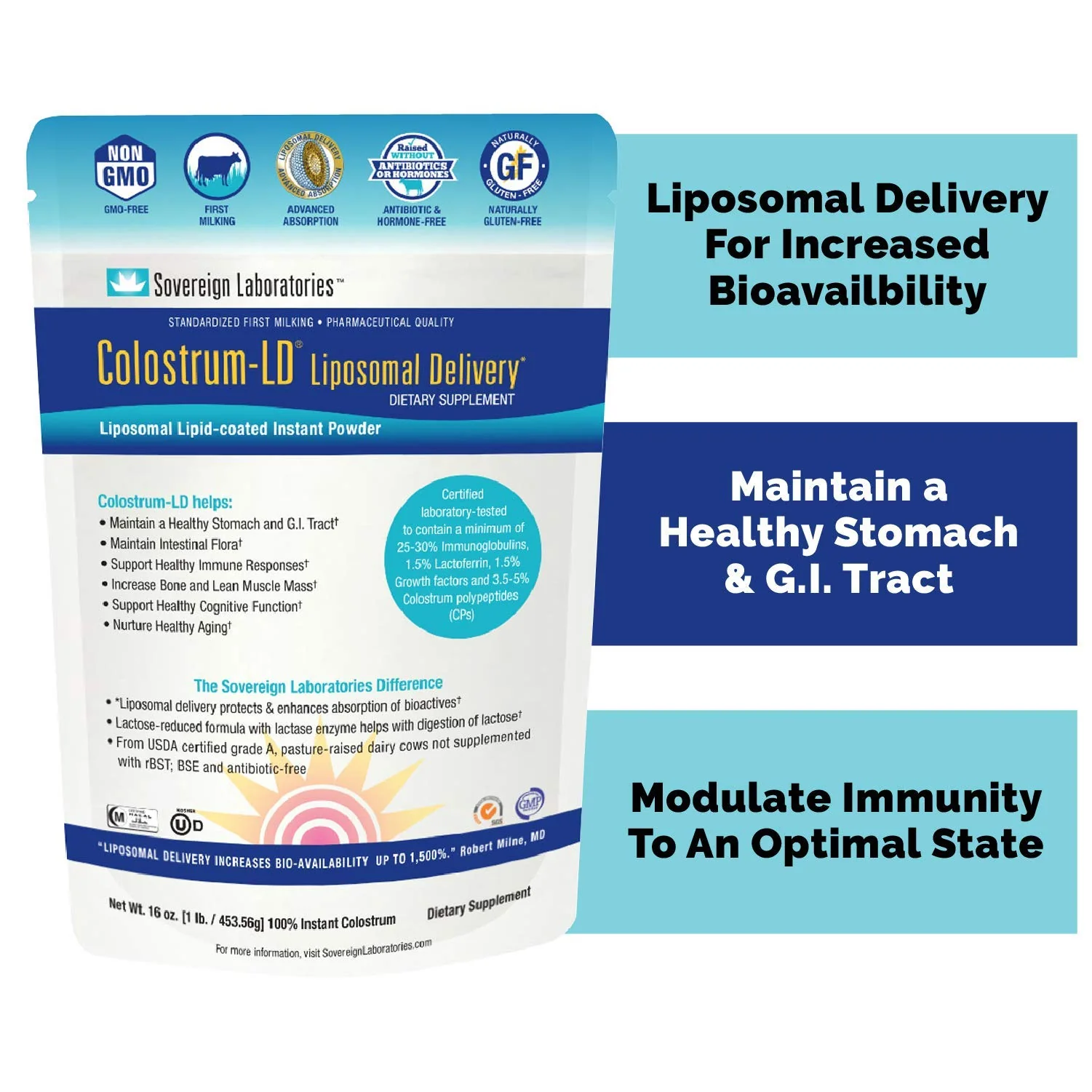Sovereign Laboratories Colostrum-LD Powder 16oz with Proprietary Liposomal Delivery (LD) Technology for up to 1500% Better Bioavailability Than