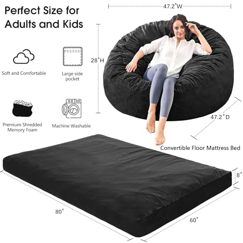 Bean Bag Chairs for Adults - Giant Bean Bag Chair Convertible Bean Bag Bed - Beanbag Chair with Micro Fiber Cover/Furniture Foam Filler