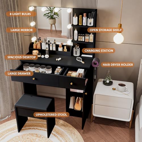 Vanity Desk with Mirror and Lights Dimmable LED Makeup Table with Drawers Side Cabinet 3 Storage Shelves Power Outlet Dressing Table Set Include