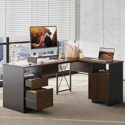 Bestier L Shaped Desk with File Drawers, 63" x 47" Office Computer Desk with Storage Cabinet
